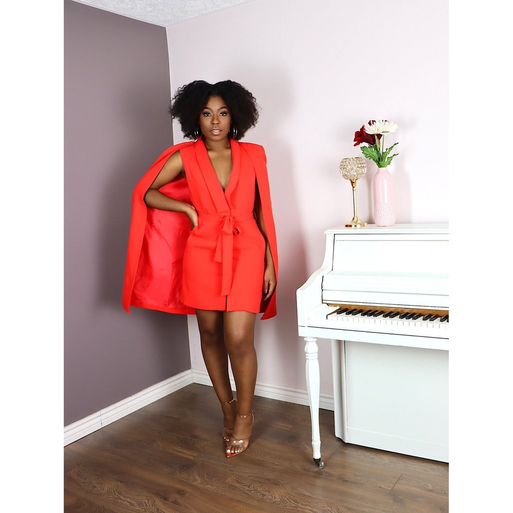 L'ATISTE Red Cape Blazer Dress Shawl Collar Tie Waist Mini Dress New